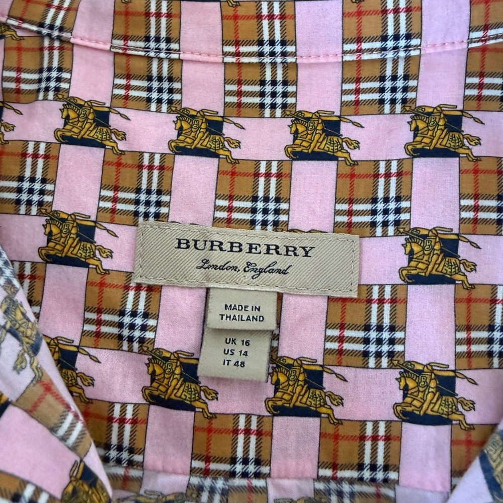 Burberry Shirt Dress Womens 14 Pink Short Sleeve Belted Tiled Archive Print - Picture 4 of 14